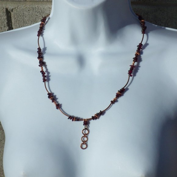 Handmade Necklace with Red Garnets and Bronze Coated Brass Tube Beads  21.5 IN - Picture 5 of 10